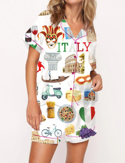 Italy Roma Travel Silky Satin Pajama Short Set For Women