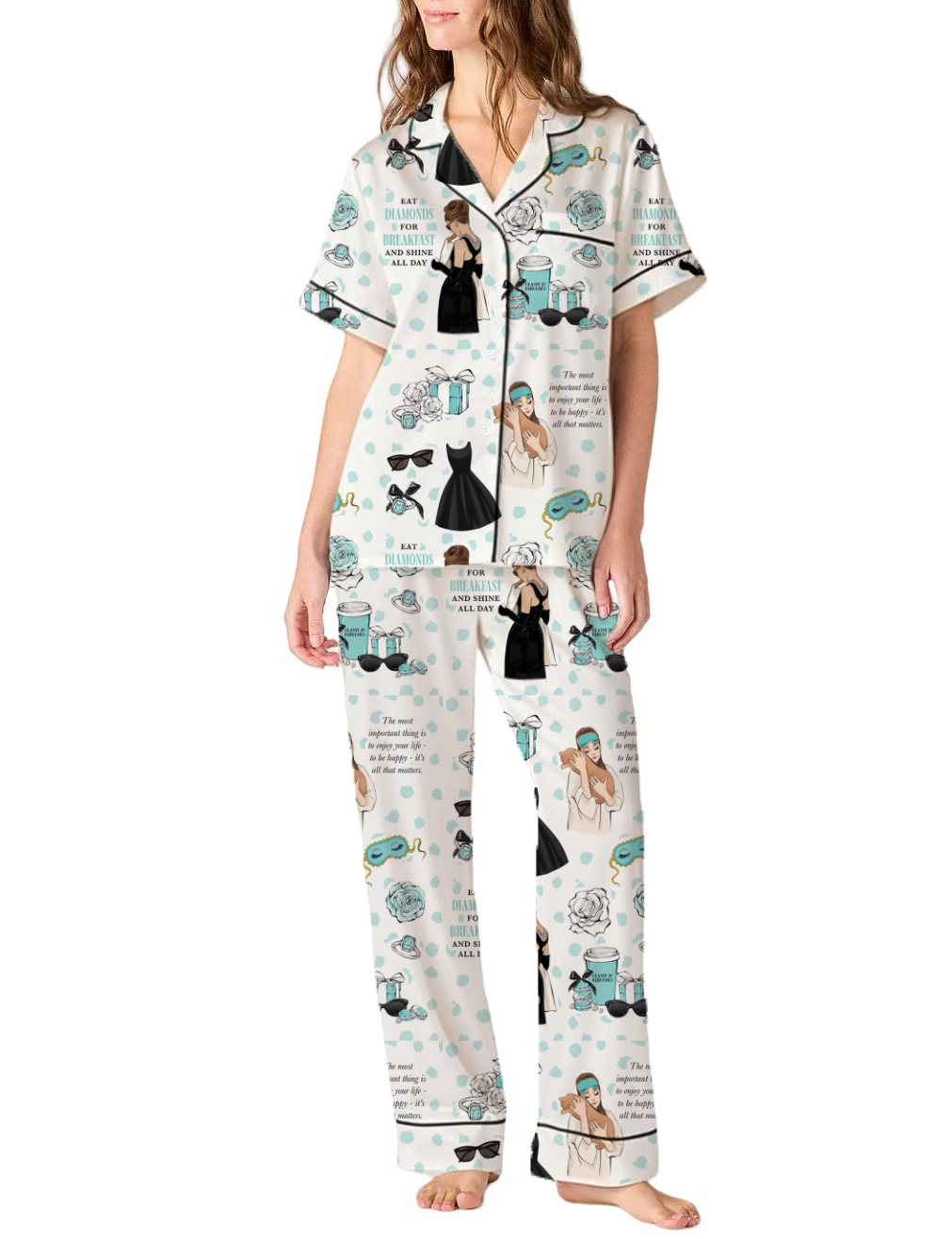 Breakfast At Tiffany's Silky Satin Pajama Pants Set For Women