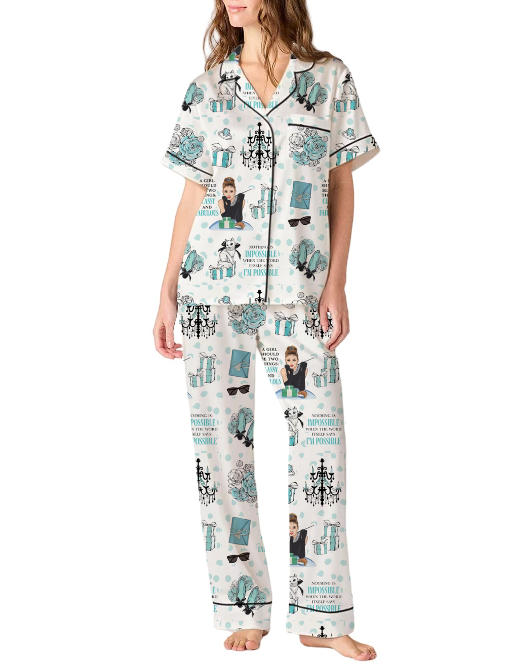 Audrey Hepburn Silky Satin Pajama Pants Set For Women