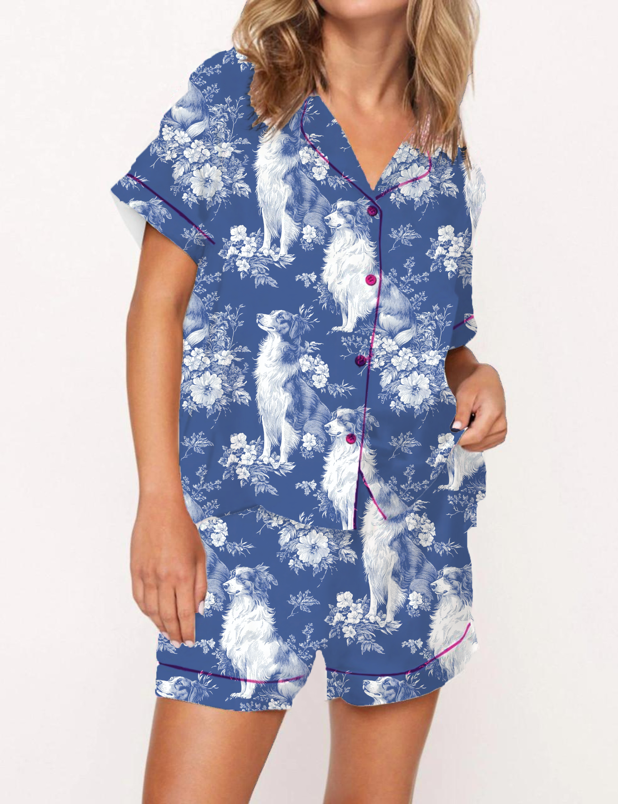 Border Collie Silky Satin Pajama Short Set For Women
