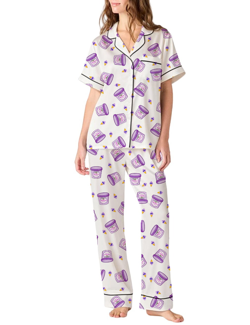 Moonbeam Ice Cream Silky Satin Pajama Pants Set For Women