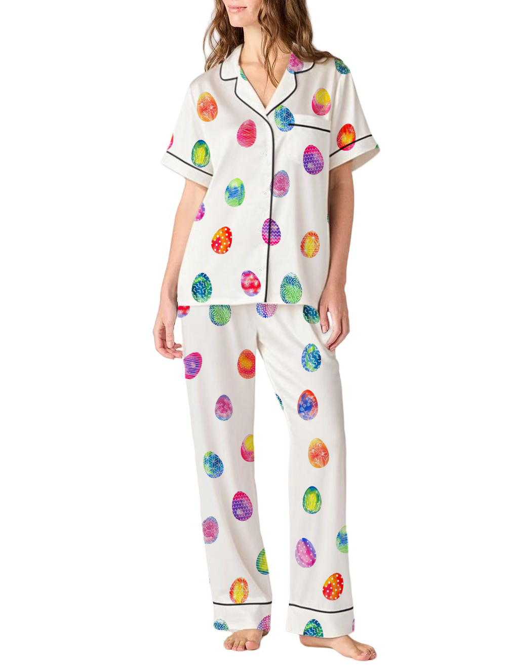 Colorful Eggs Silky Satin Pajama Pants Set For Women