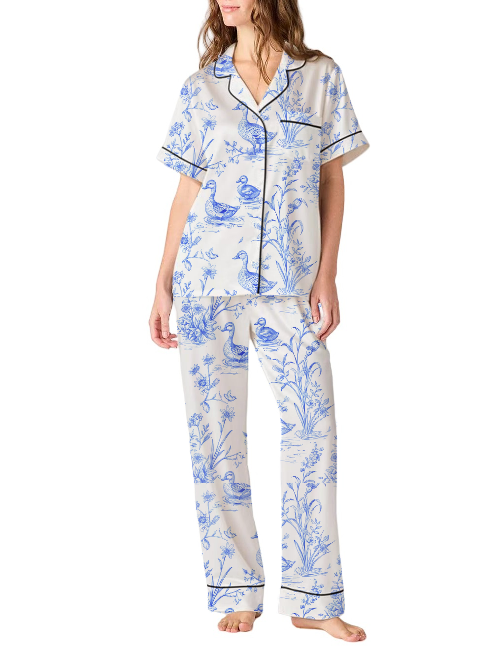 Duck Toile Silky Satin Pajama Pants Set For Women