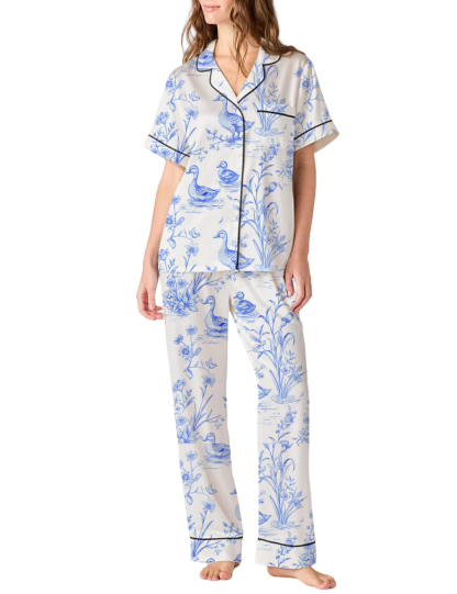 Duck Toile Silky Satin Pajama Pants Set For Women