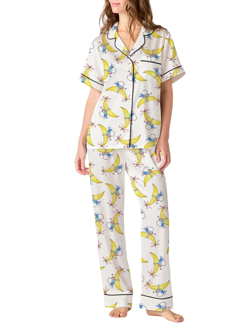 Little Monkeys Hugging Bananas Silky Satin Pajama Pants Set For Women