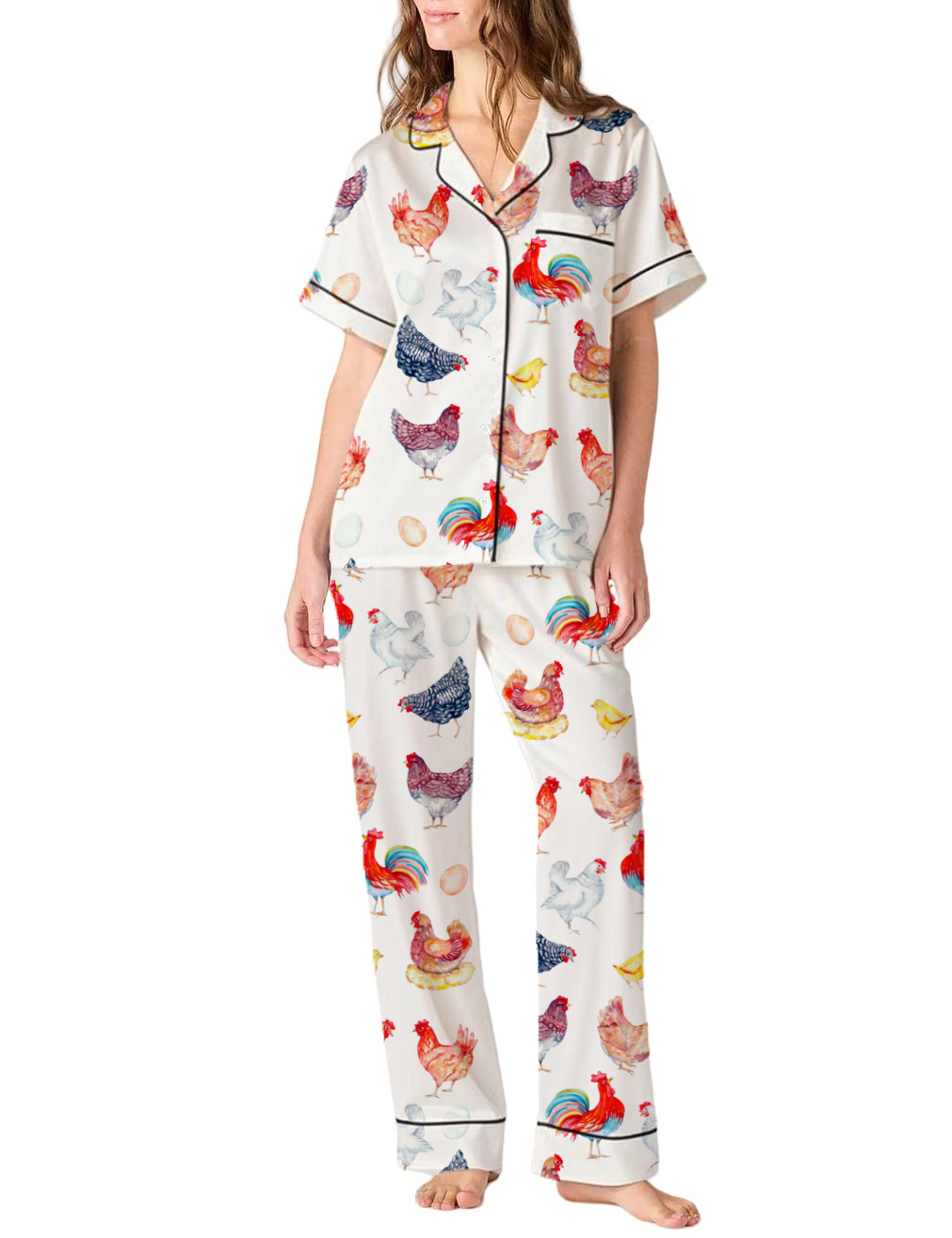 Poultry Theme Silky Satin Pajama Pants Set For Women