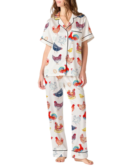 Poultry Theme Silky Satin Pajama Pants Set For Women