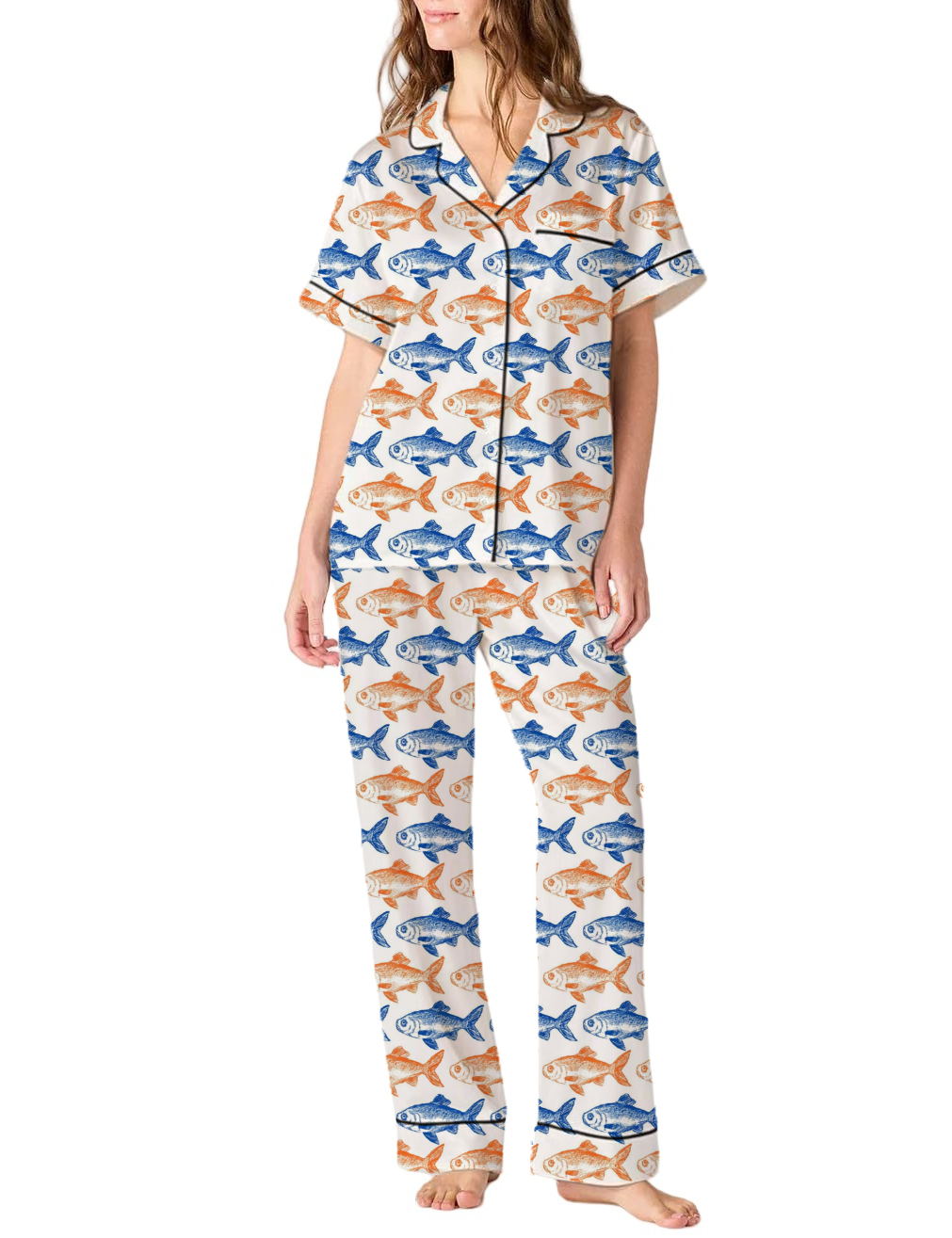 Fish Shaped Pattern Silky Satin Pajama Pants Set For Women