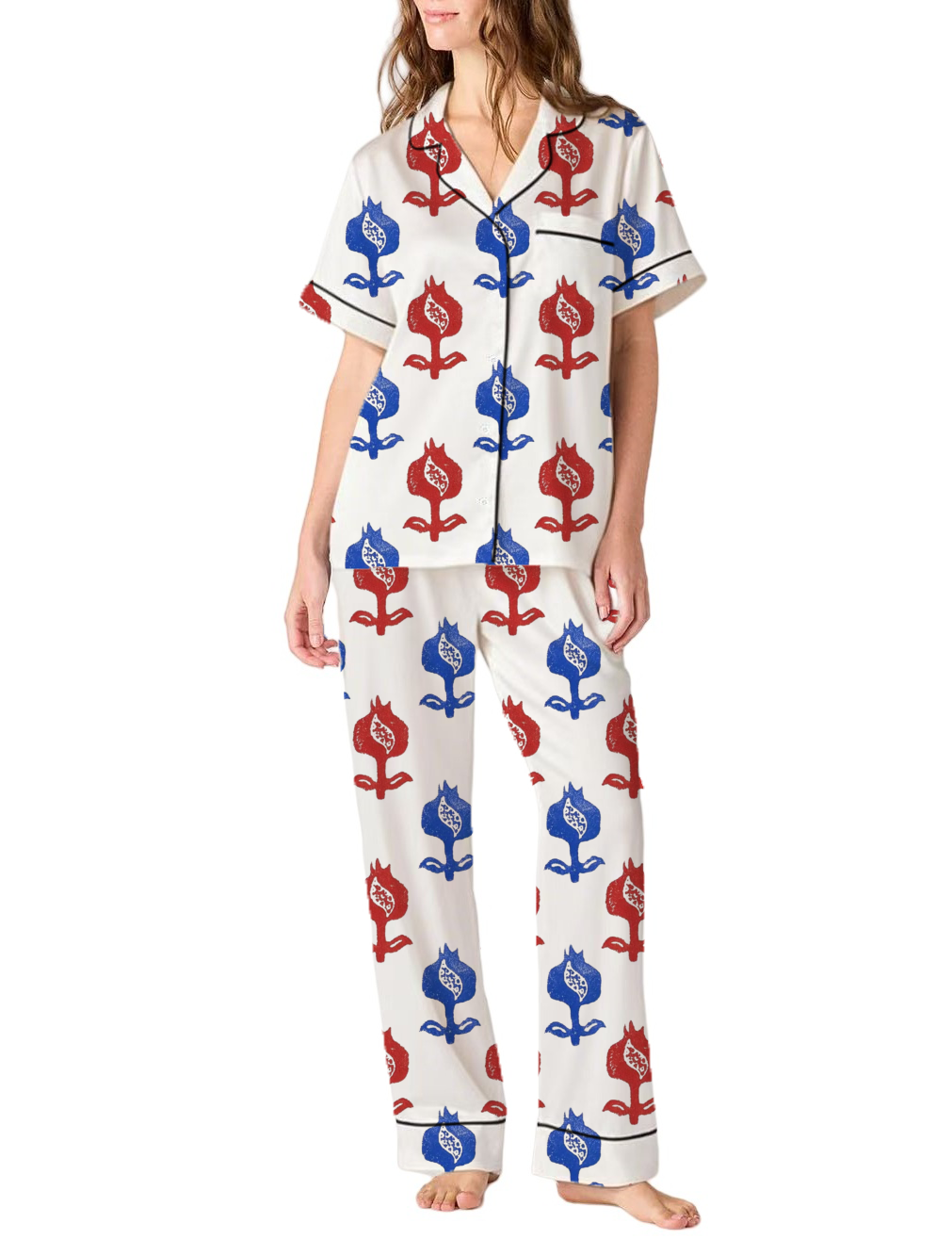 Pomegranate Pattern Silky Satin Pajama Pants Set For Women