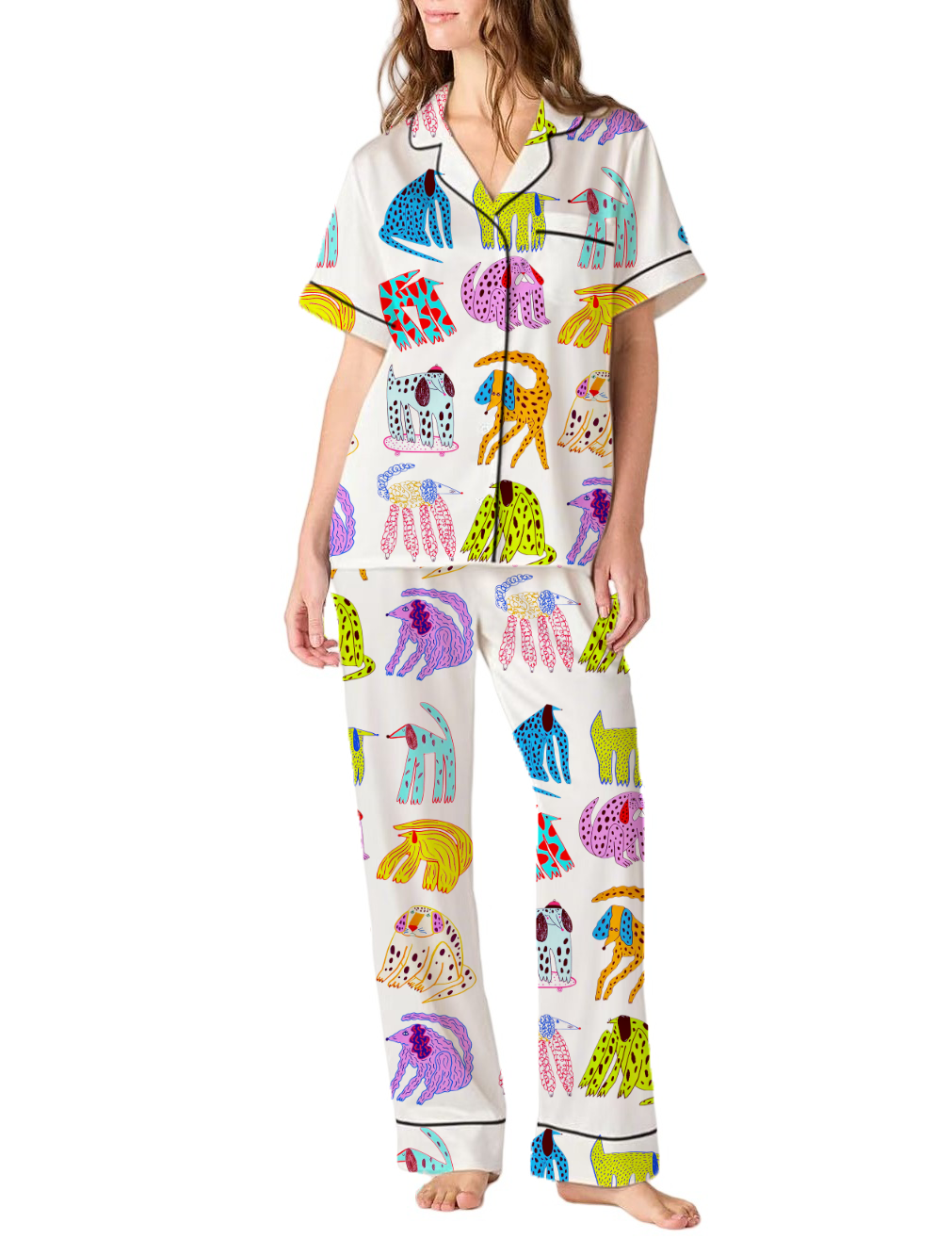 Dog Illustrations Silky Satin Pajama Pants Set For Women