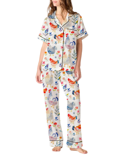 Colorful Chickens Toile Silky Satin Pajama Pants Set For Women