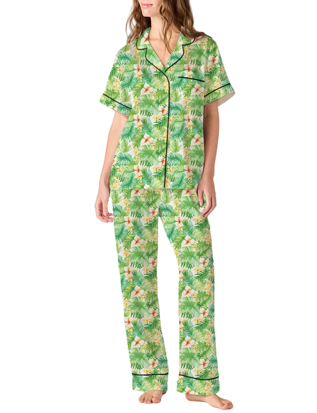 Hawaiian Style Pattern Silky Satin Pajama Pants Set For Women