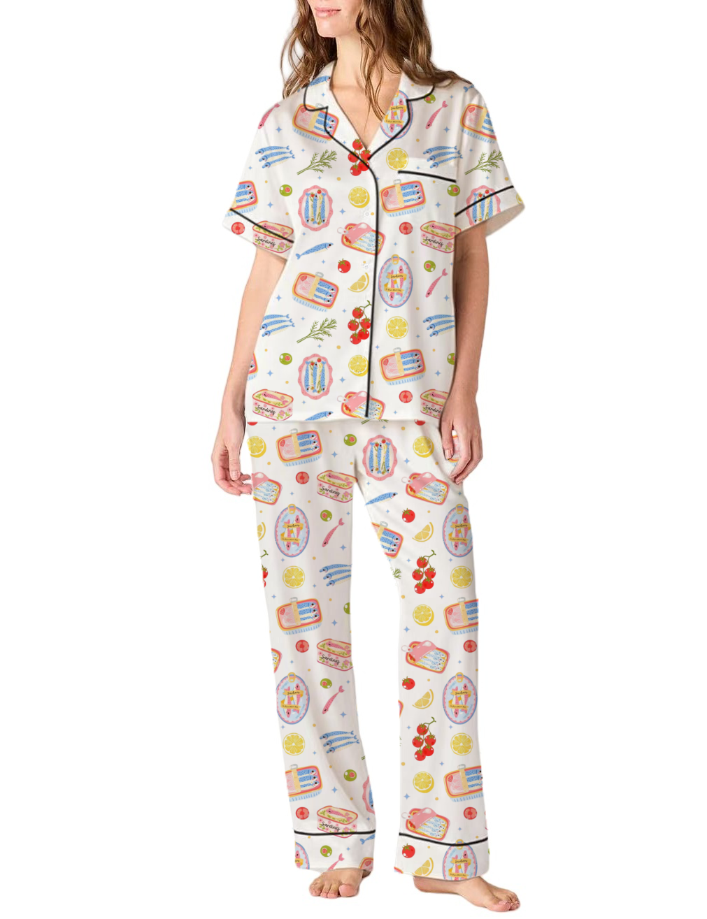 Cute Sardines Silky Satin Pajama Pants Set For Women