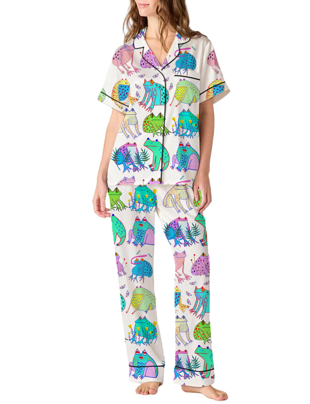 Colorful Frogs Silky Satin Pajama Pants Set For Women