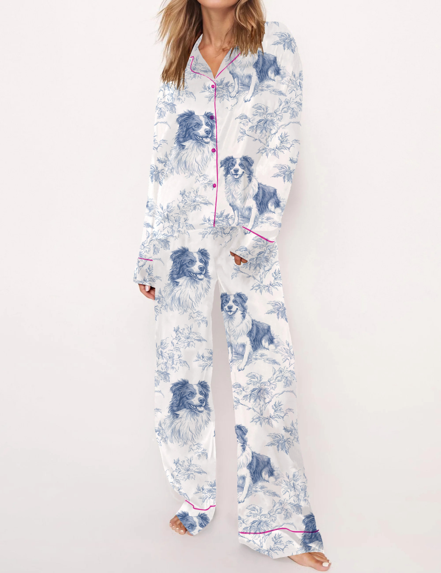 Border Collie Silky Satin Pajama Short Set For Women