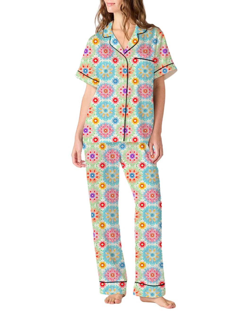 Rainbow Suzani Pattern Silky Satin Pajama Pants Set For Women