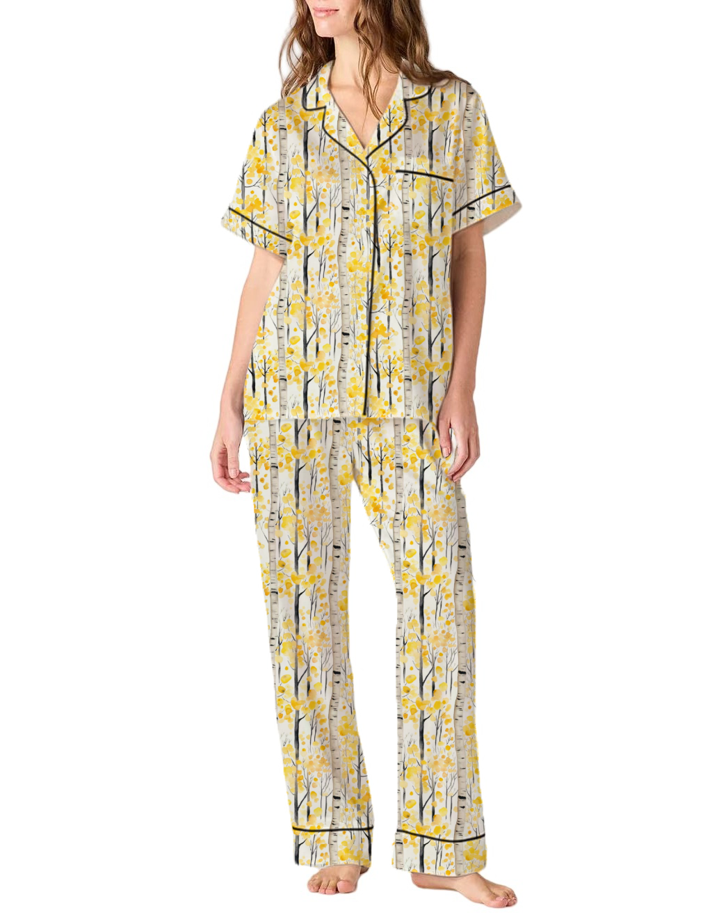 Quaking Aspen Pattern Silky Satin Pajama Pants Set For Women