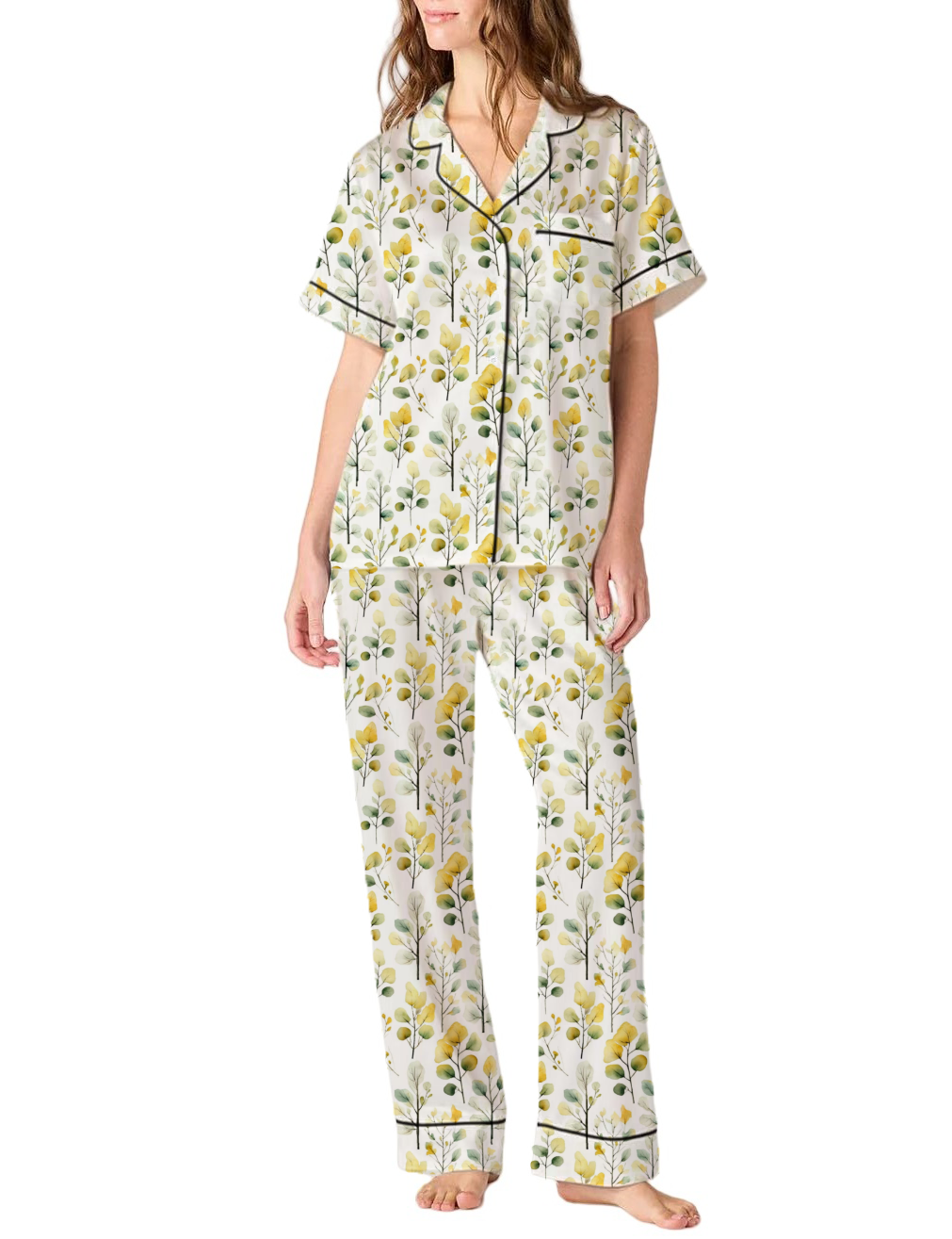 Quaking Aspen Pattern Silky Satin Pajama Pants Set For Women