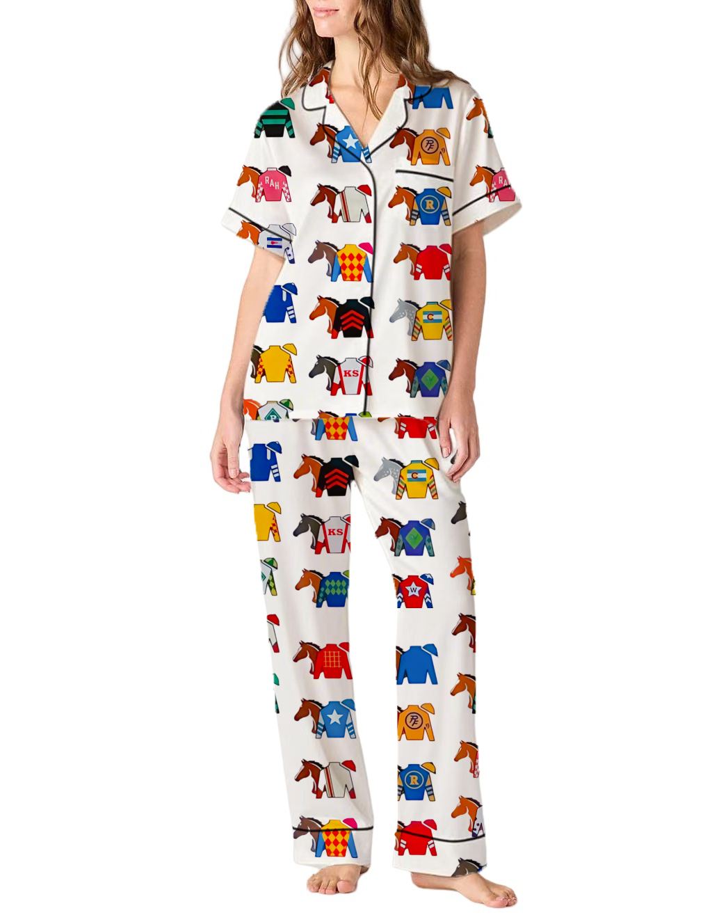 Kentucky Derby Contenders Colorful Jockey Horse Racing Silky Satin Pajama Pants Set For Women