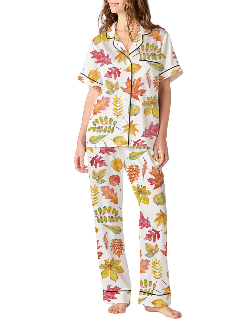 Autumn Leaves Silky Satin Pajama Pants Set For Women