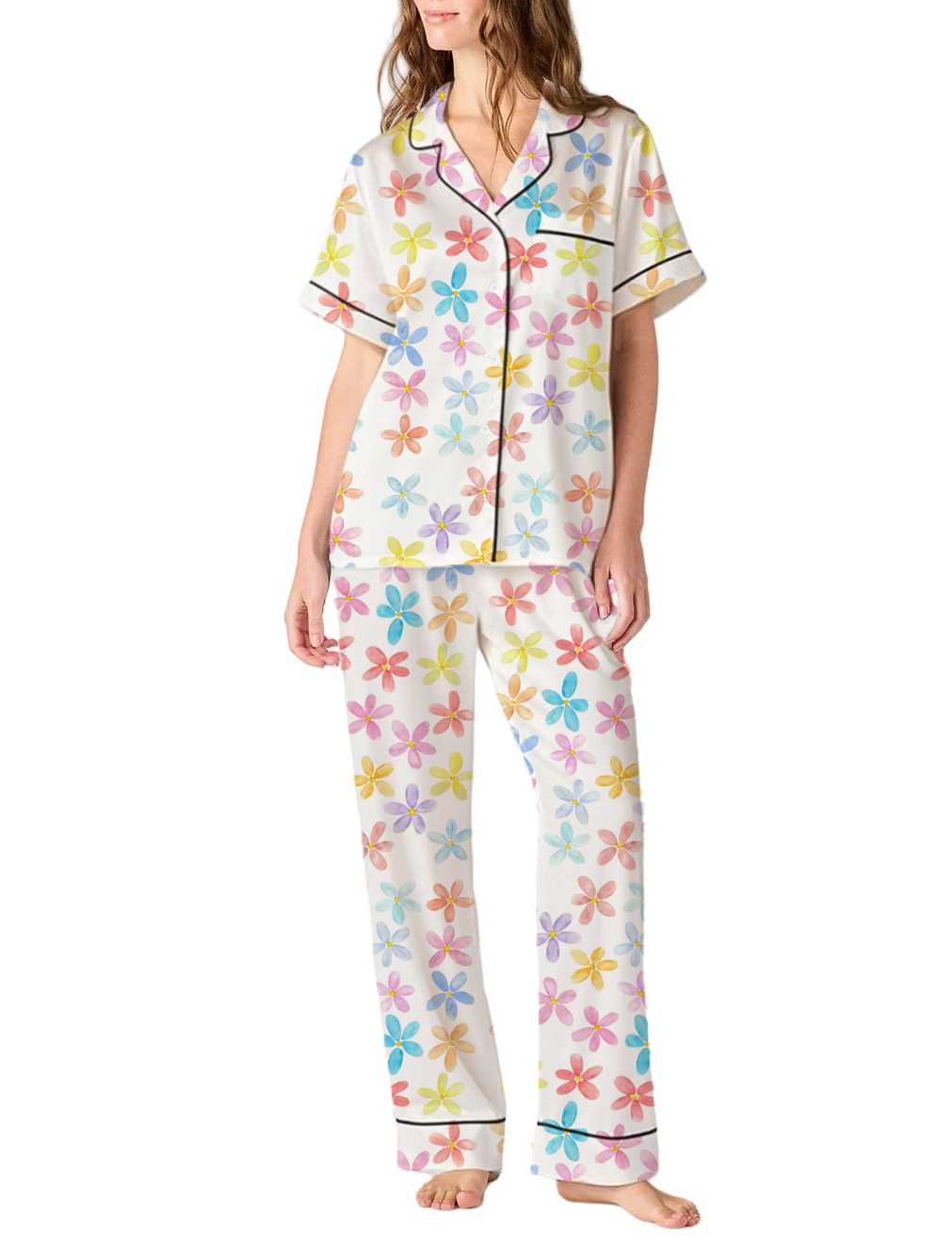 Colorful Small Flower Silky Satin Pajama Pants Set For Women