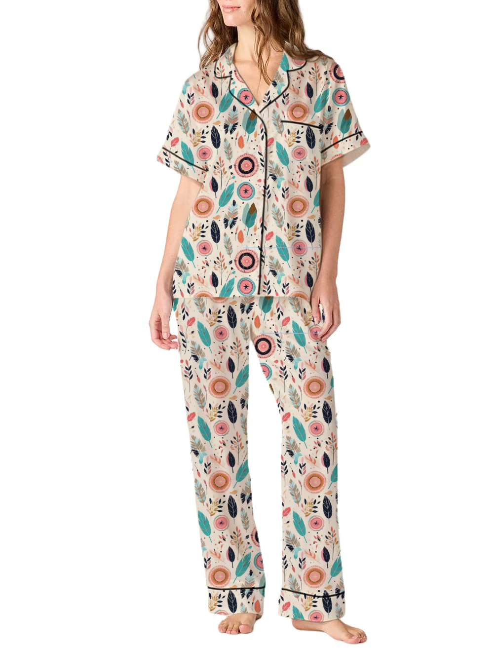Bohemian Style Pattern Silky Satin Pajama Pants Set For Women