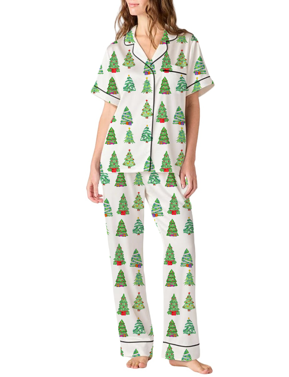Christmas Tree Silky Satin Pajama Pants Set For Women