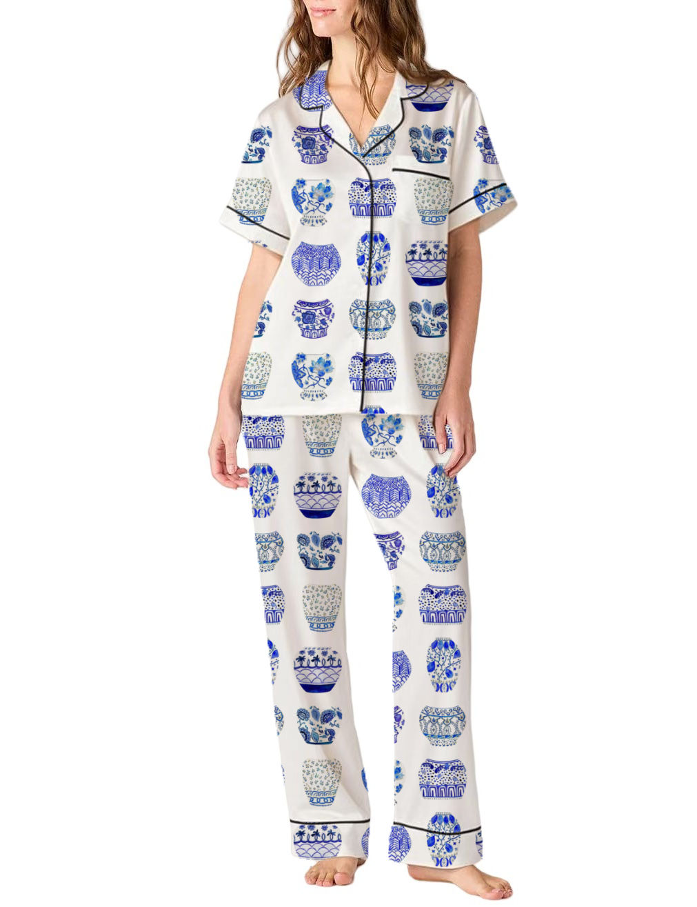 Blue and White Ginger Jar Silky Satin Pajama Pants Set For Women