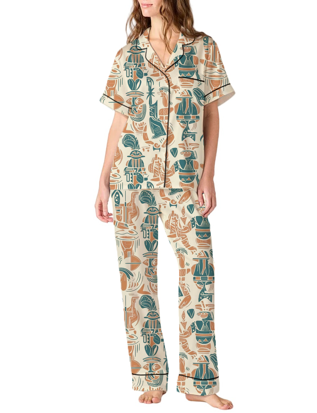 Aztecan Fingures Pattern Silky Satin Pajama Pants Set For Women