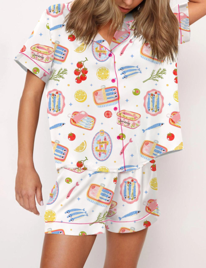 Cute Sardines Silky Satin Pajama Short Set For Women