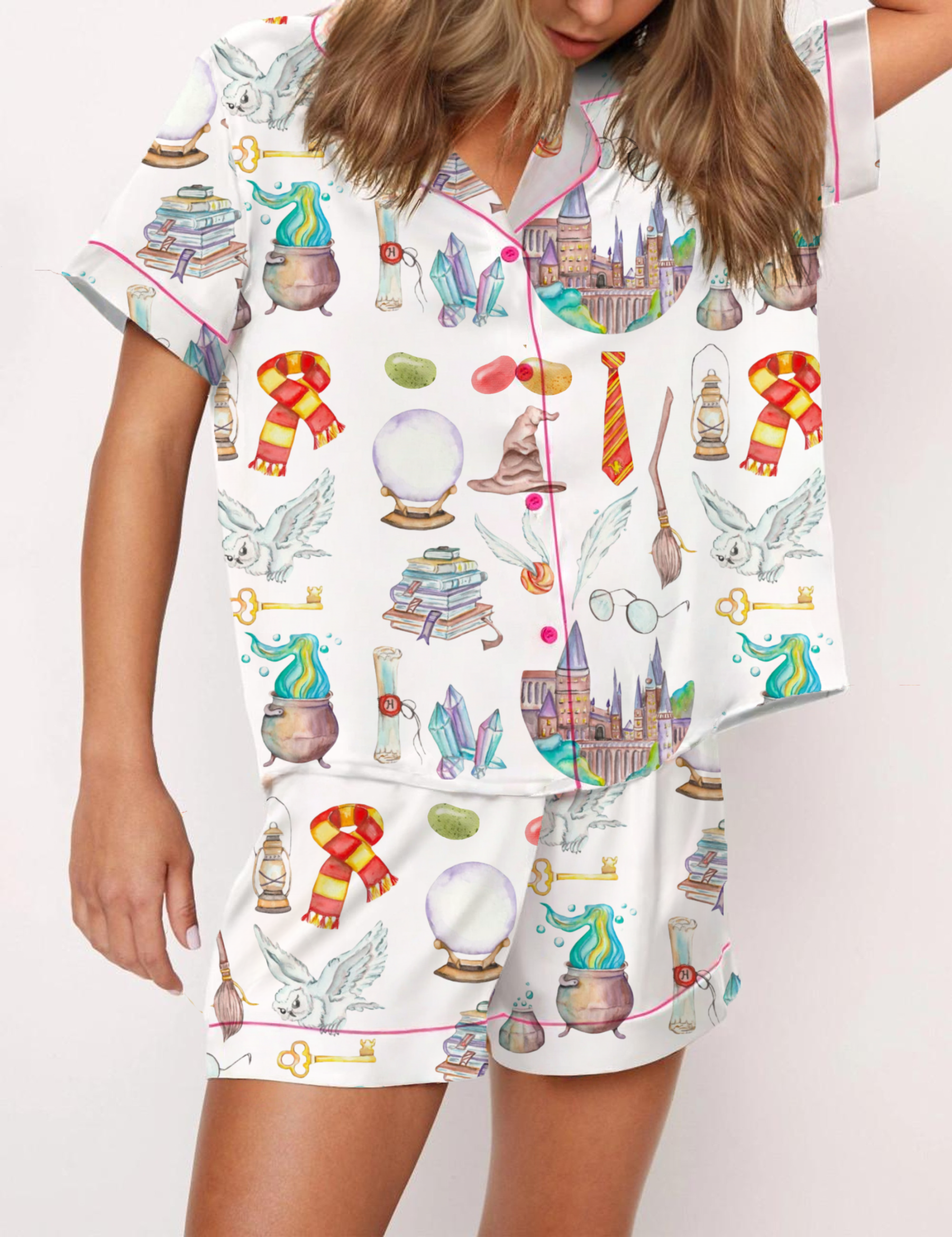 Magic School Silky Satin Pajama Short Set For Women