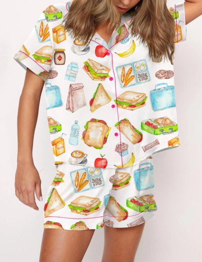 Lunch Food Silky Satin Pajama Short Set For Women
