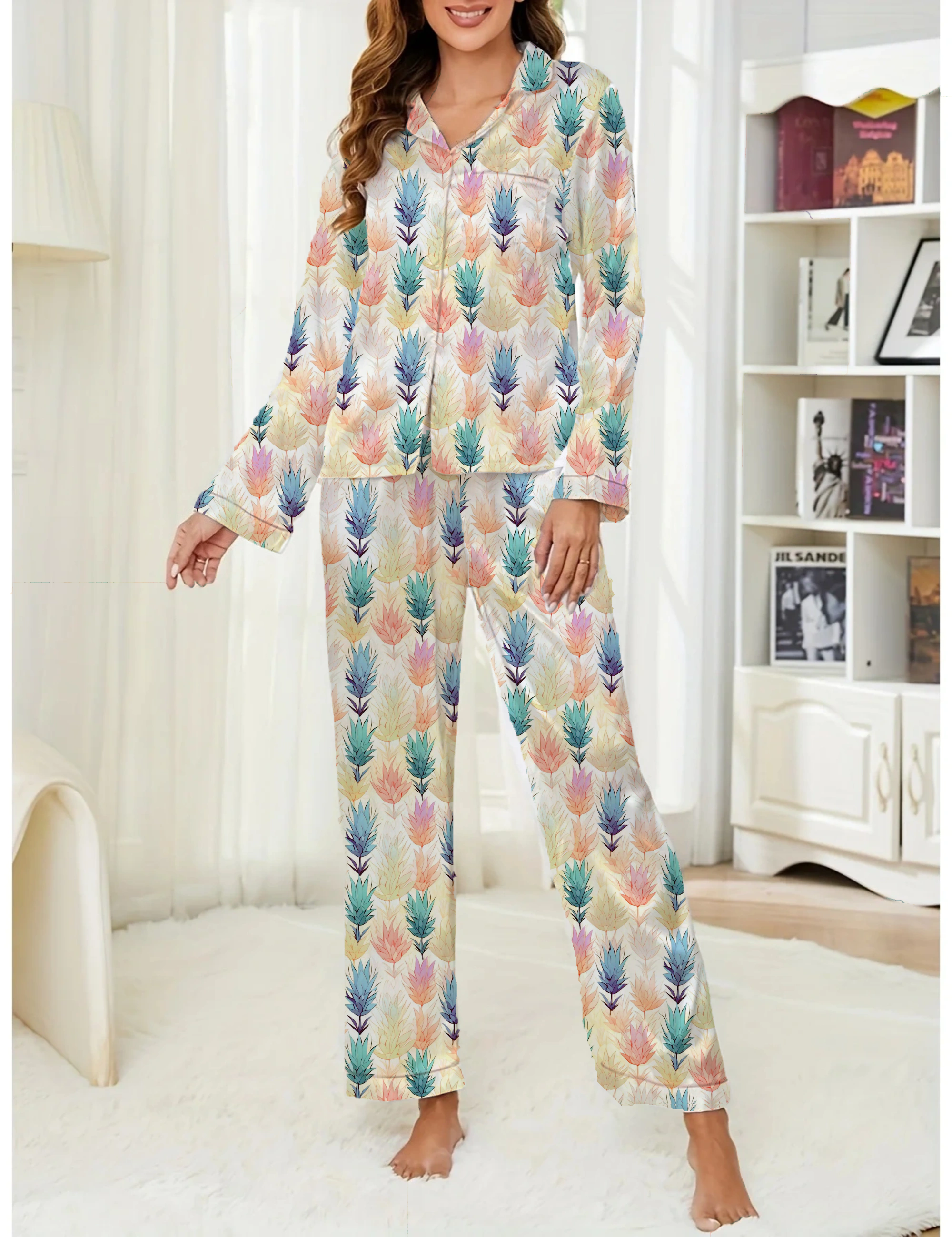Puya Pattern Silky Satin Pajama Long Set