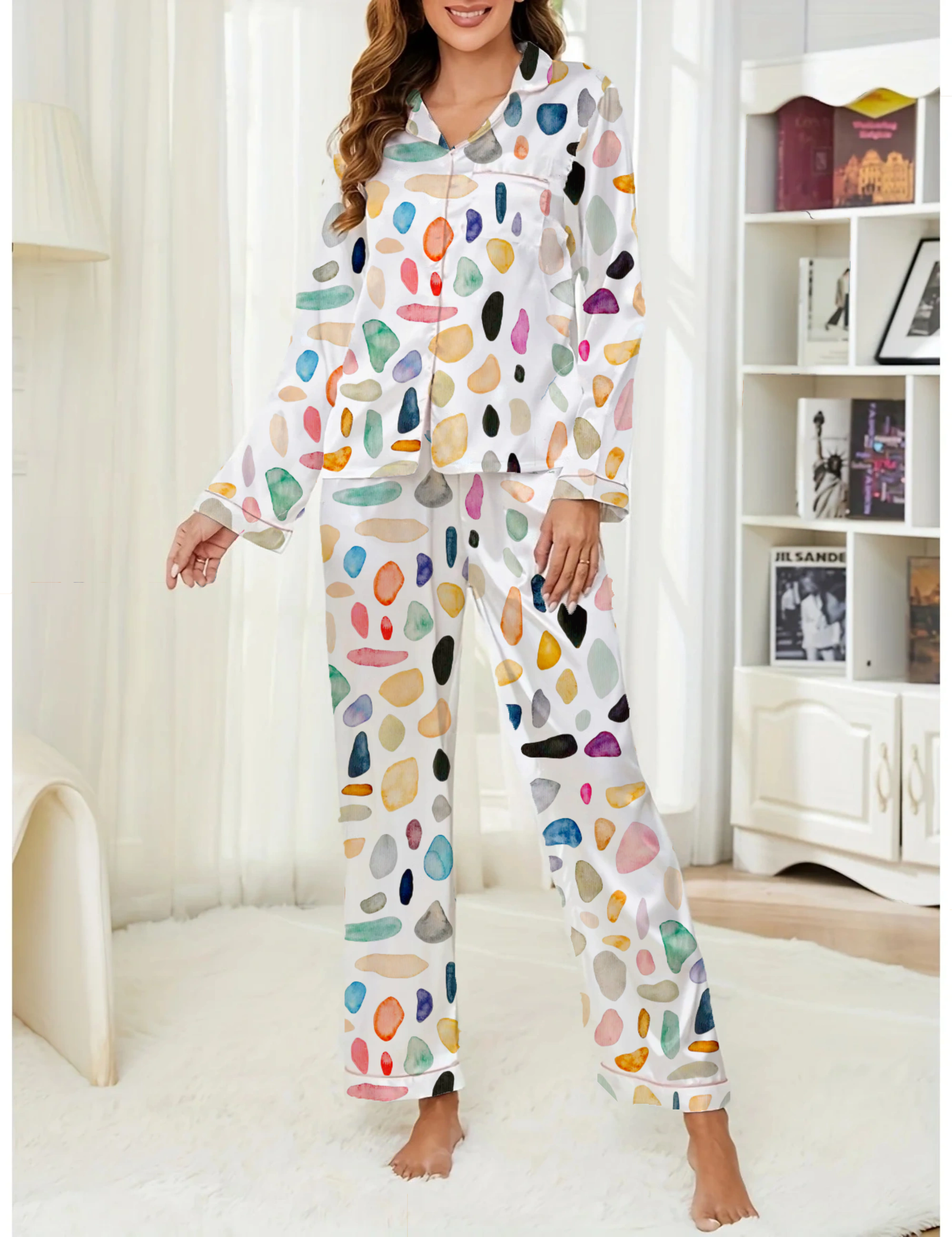 Ocean Pebbles Pattern Silky Satin Pajama Long Set