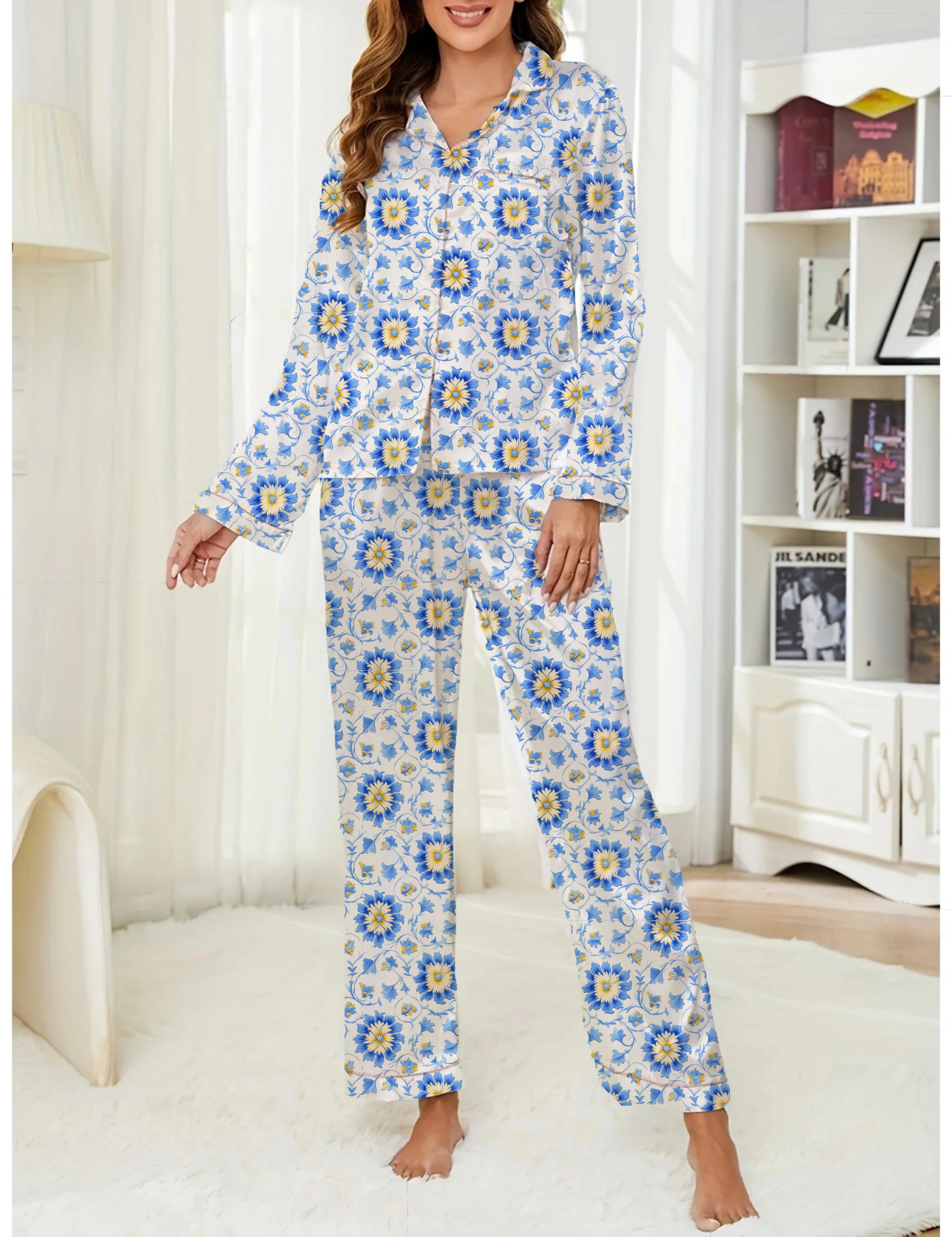 Mughal Style Pattern Silky Satin Pajama Long Set