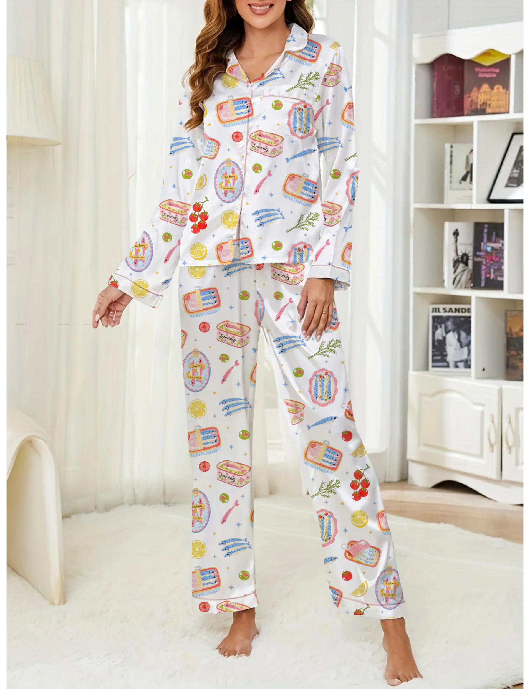 Cute Sardines Silky Satin Pajama Long Set