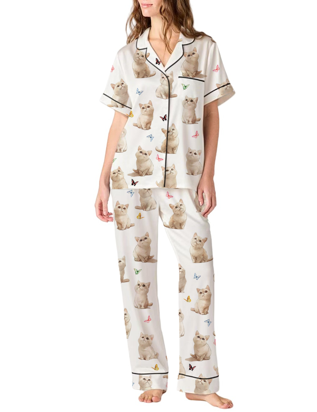 British Shorthair Silky Satin Pajama Pants Set For Women