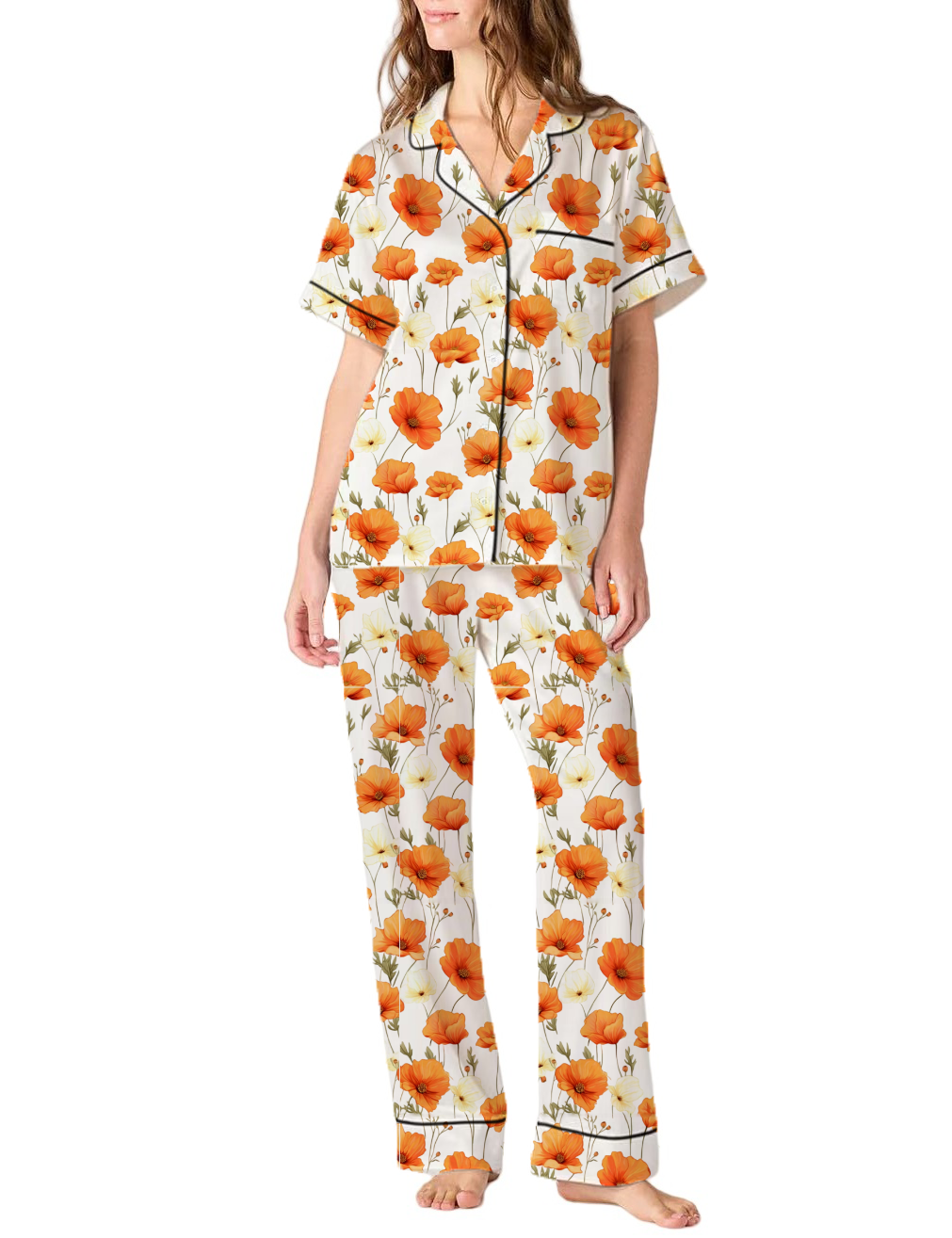 California State Flower Poppy Silky Satin Pajama Pants Set For Women