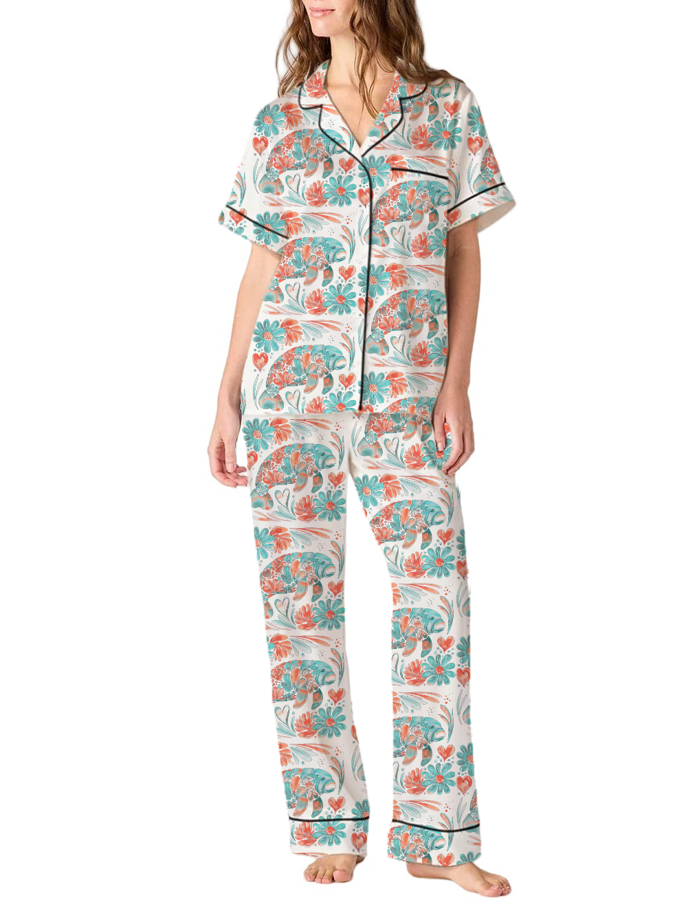 Boho Floral Manatee Silky Satin Pajama Pants Set For Women