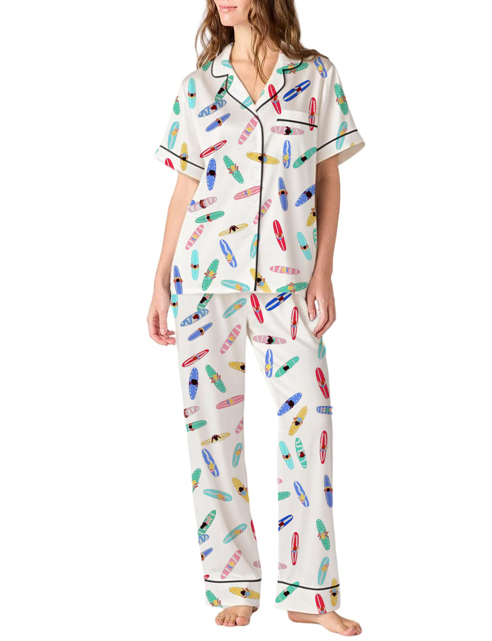 Colorful Surfboards Silky Satin Pajama Pants Set For Women