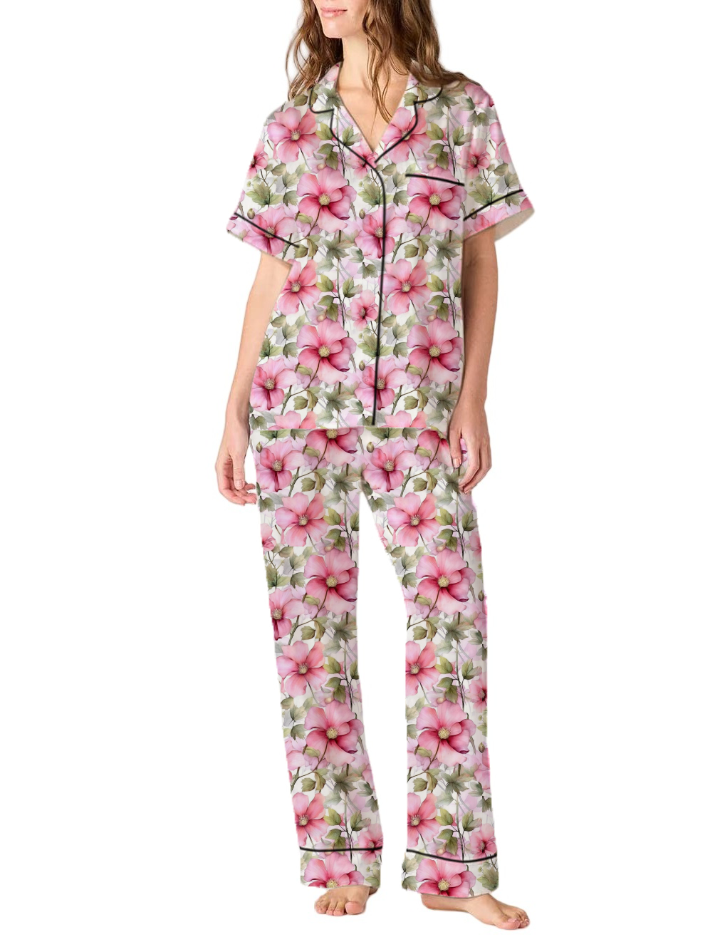 Lowa State Flower Wild Rose Silky Satin Pajama Pants Set For Women