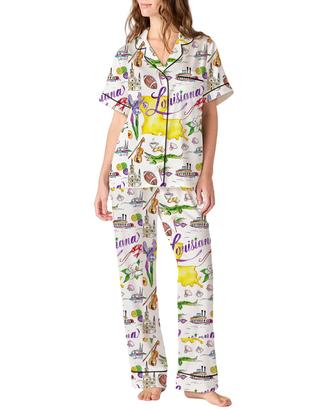 Louisiana State Theme Silky Satin Pajama Pants Set For Women