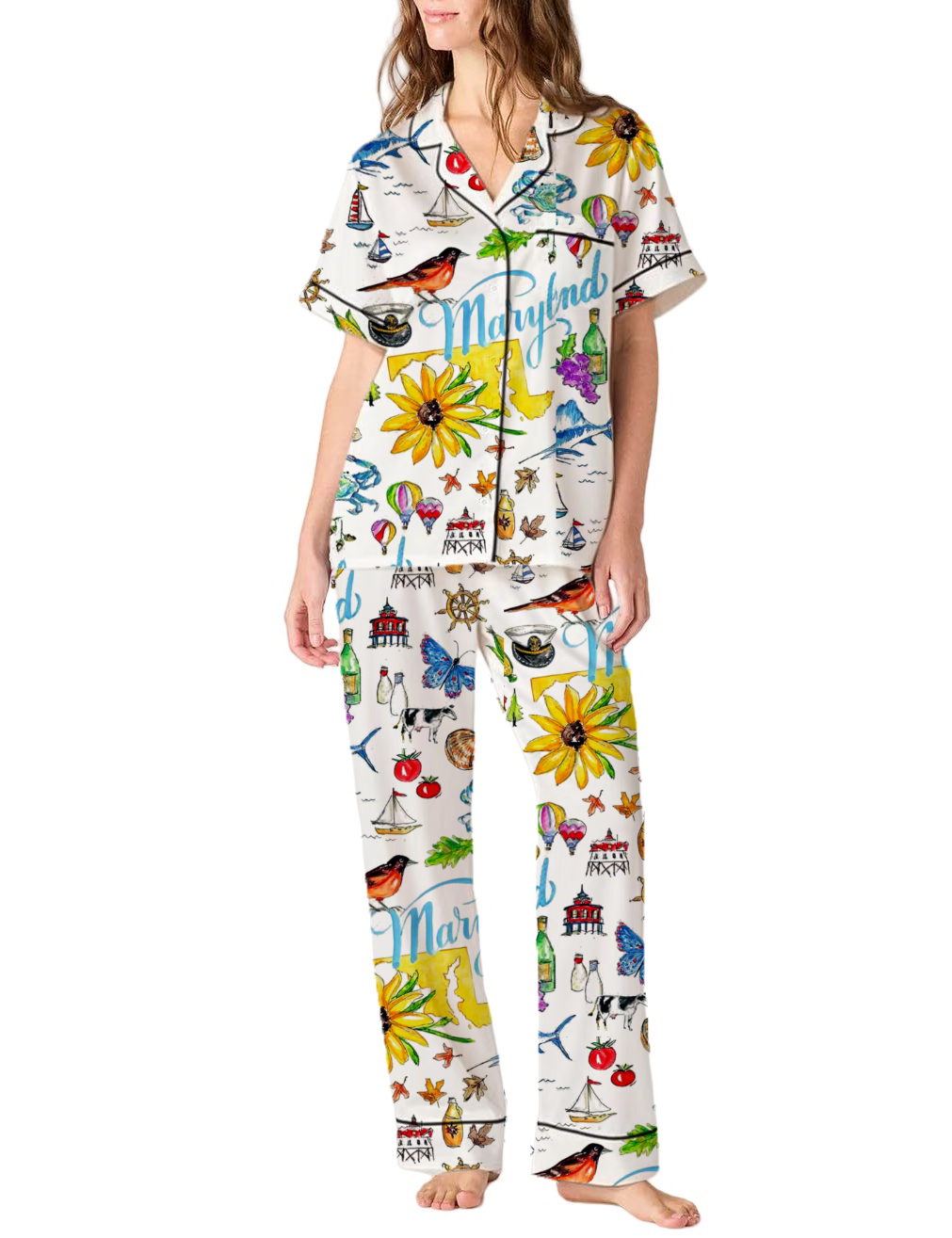 Maryland State Theme Silky Satin Pajama Pants Set For Women