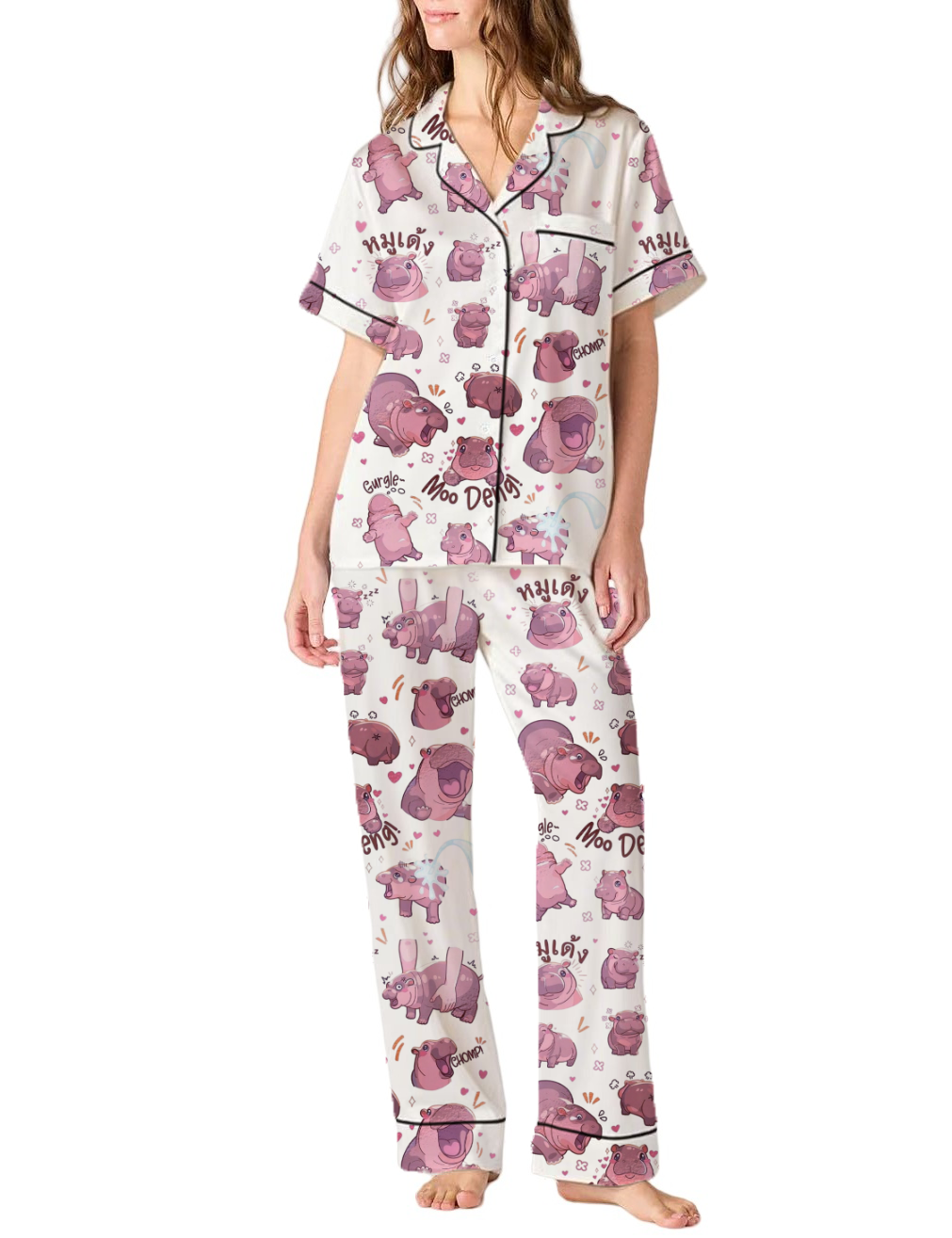Moo Deng Baby Hippo Silky Satin Pajama Pants Set For Women