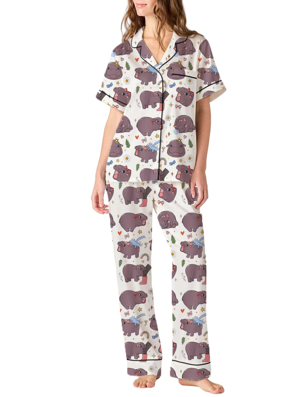 Moo Deng Baby Silky Satin Pajama Pants Set For Women
