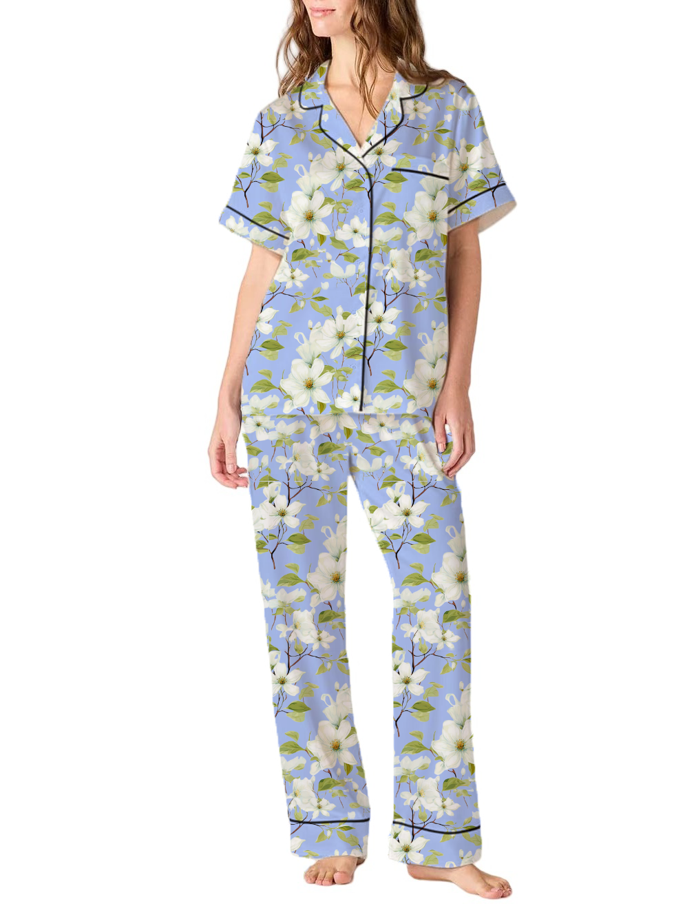North Carolina State Flower Flowering Dogwood Silky Satin Pajama Pants Set For Women