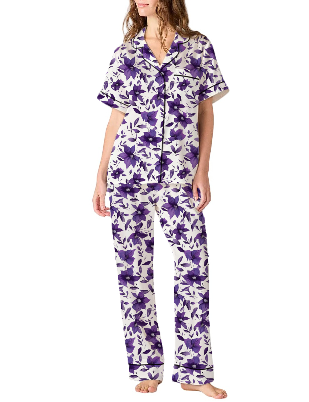 New Jersey State Flower Violet Silky Satin Pajama Pants Set For Women