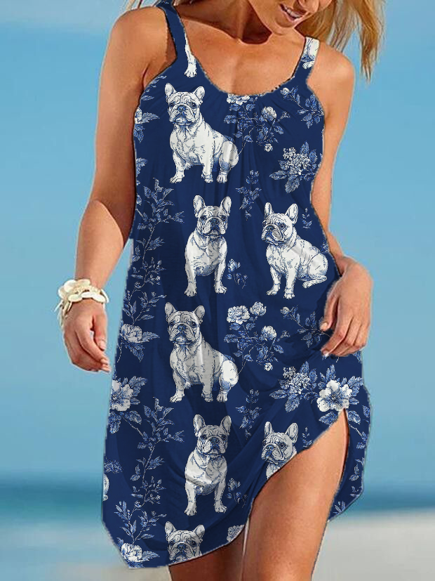 French Bulldogs Print Strap Beach Dress
