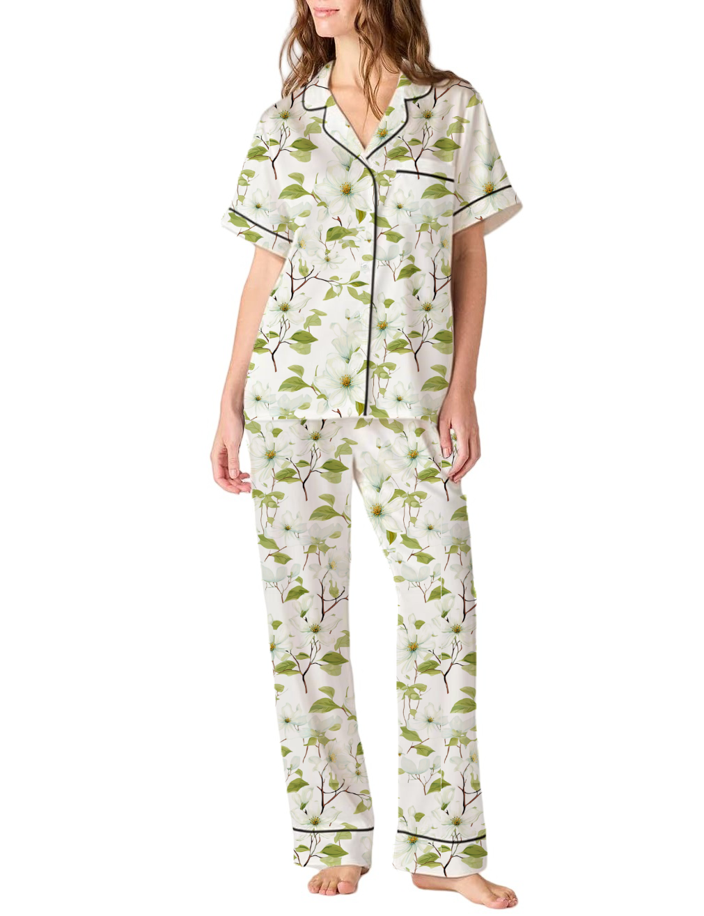 North Carolina State Flower Flowering Dogwood Silky Satin Pajama Pants Set For Women