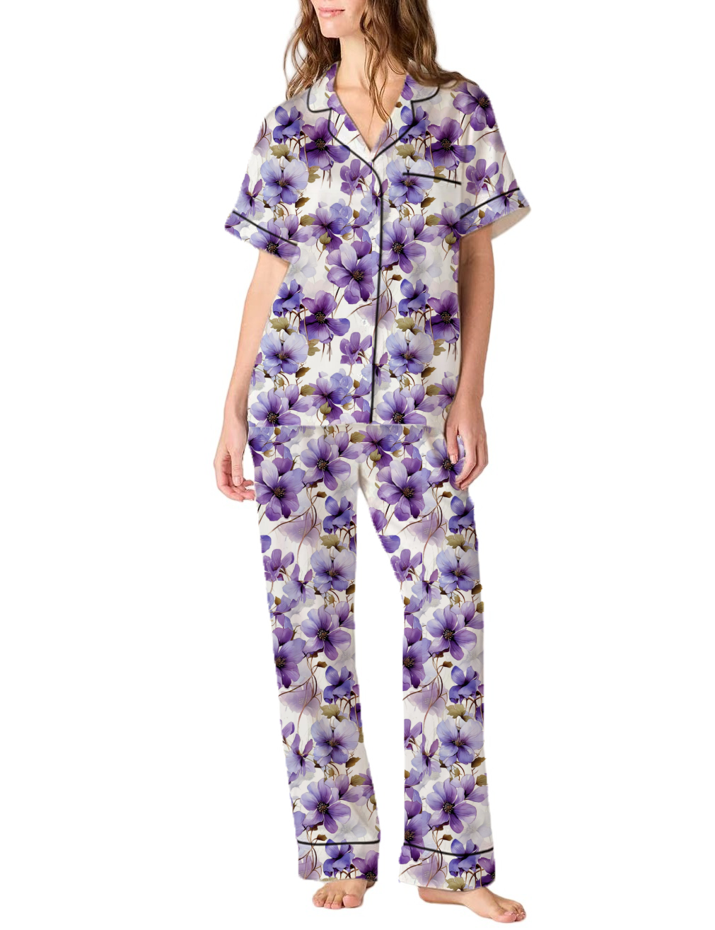 Wisconsin State Flower Wood Violet Silky Satin Pajama Pants Set For Women